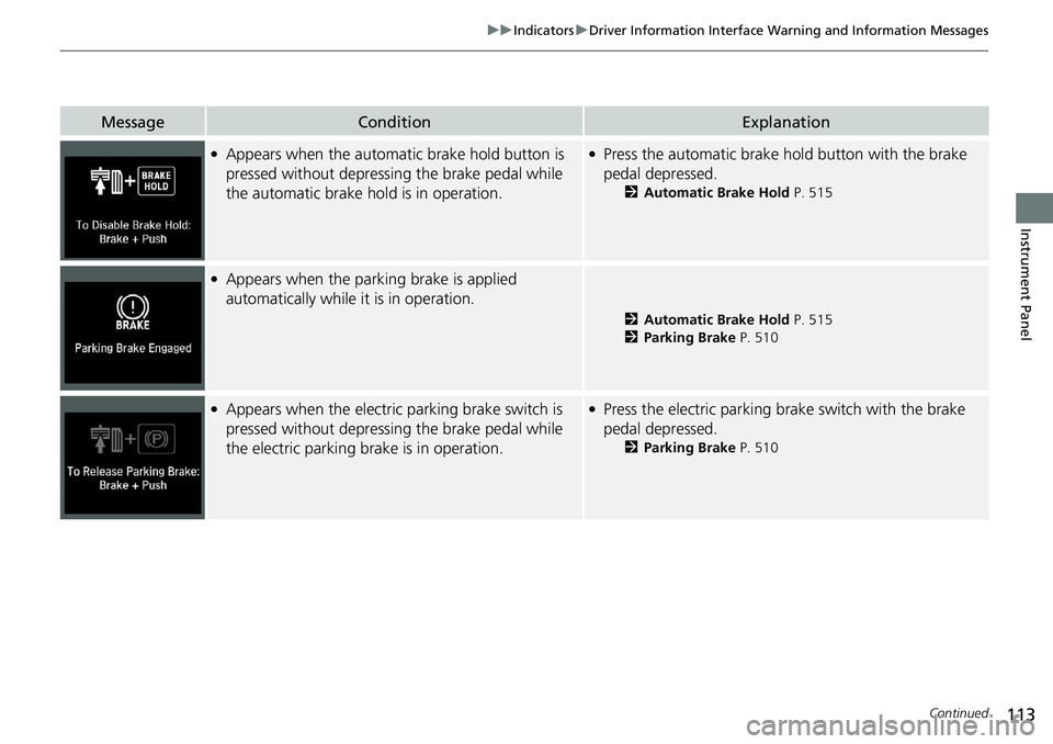 HONDA ACCORD SEDAN 2021  Owners Manual (in English) 113
uuIndicators uDriver Information Interface Wa rning and Information Messages
Continued
Instrument Panel
MessageConditionExplanation
●Appears when the automatic brake hold button is 
pressed with