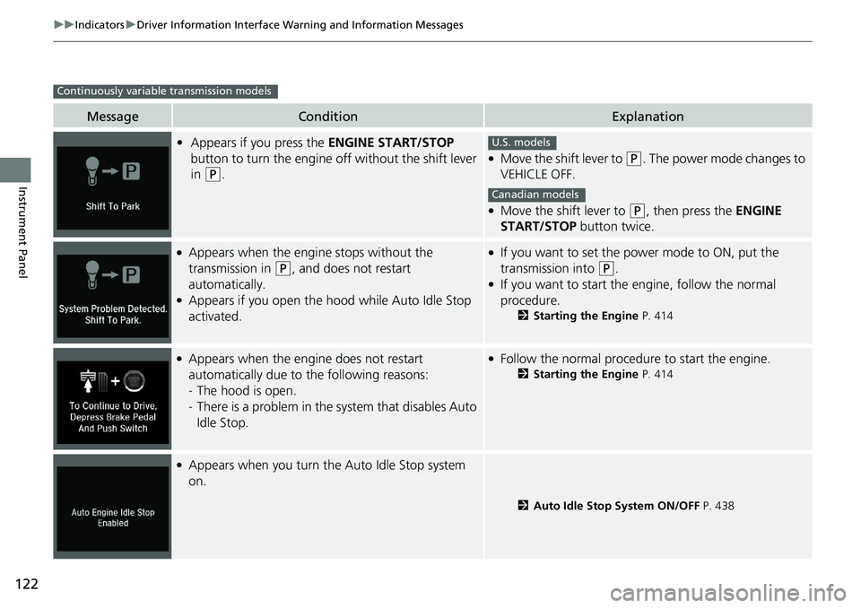 HONDA ACCORD SEDAN 2021 Owners Manual (in English) 122
uuIndicators uDriver Information Interface Wa rning and Information Messages
Instrument Panel
MessageConditionExplanation
•Appears if you press the ENGINE START/STOP
button to turn the engine HONDA ACCORD SEDAN 2021 Owners Manual (in English) 122
uuIndicators uDriver Information Interface Wa rning and Information Messages
Instrument Panel
MessageConditionExplanation
•Appears if you press the ENGINE START/STOP
button to turn the engine