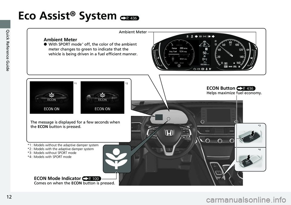 HONDA ACCORD SEDAN 2021   (in English) User Guide 12
Quick Reference Guide
Eco Assist® System (P 436)
Ambient Meter●With SPORT mode* off, the color of the ambient 
meter changes to green to indicate that the 
vehicle is being driven in a fuel effi