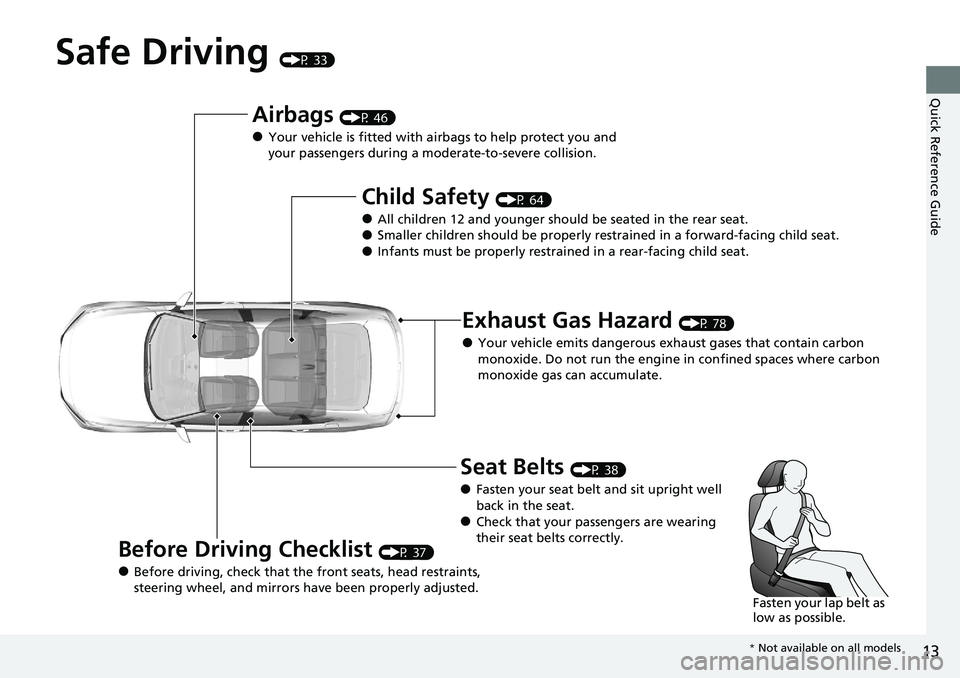 HONDA ACCORD SEDAN 2021 Owners Manual (in English) 13
Quick Reference Guide
Safe Driving (P 33)
Airbags (P 46)
●Your vehicle is fitted with airbags to help protect you and
your passengers during a moderate-to-severe collision.
Child Safety (P 64)
HONDA ACCORD SEDAN 2021 Owners Manual (in English) 13
Quick Reference Guide
Safe Driving (P 33)
Airbags (P 46)
●Your vehicle is fitted with airbags to help protect you and
your passengers during a moderate-to-severe collision.
Child Safety (P 64)