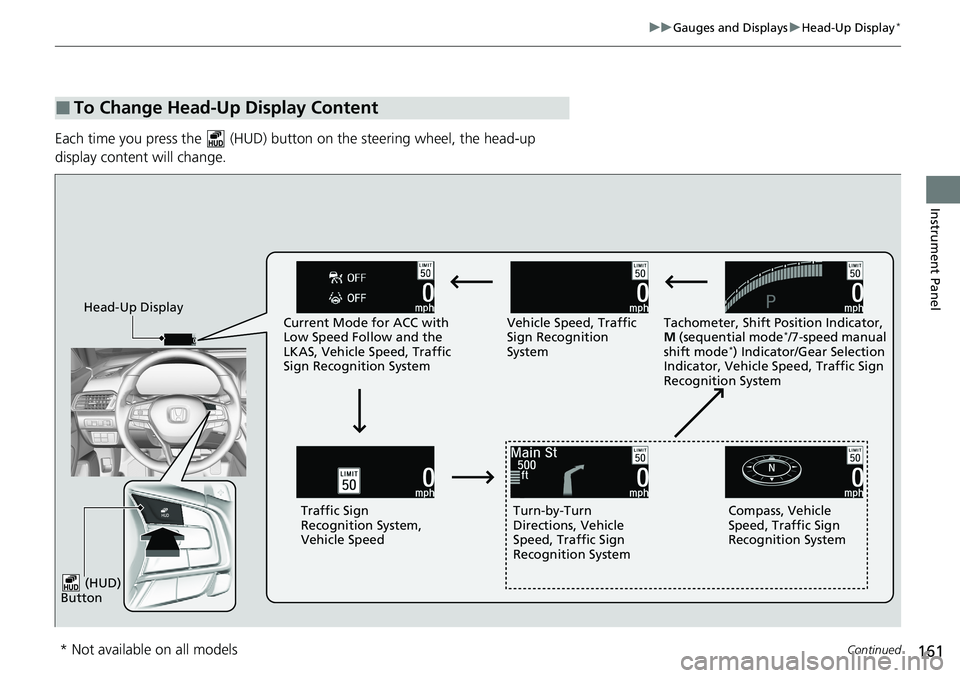 HONDA ACCORD SEDAN 2021 Owners Manual (in English) 161
uuGauges and Displays uHead-Up Display*
Continued
Instrument Panel
Each time you press the (HUD) bu tton on the steering wheel, the head-up
display content will change.
■To Change Head-Up Dis HONDA ACCORD SEDAN 2021 Owners Manual (in English) 161
uuGauges and Displays uHead-Up Display*
Continued
Instrument Panel
Each time you press the (HUD) bu tton on the steering wheel, the head-up
display content will change.
■To Change Head-Up Dis
