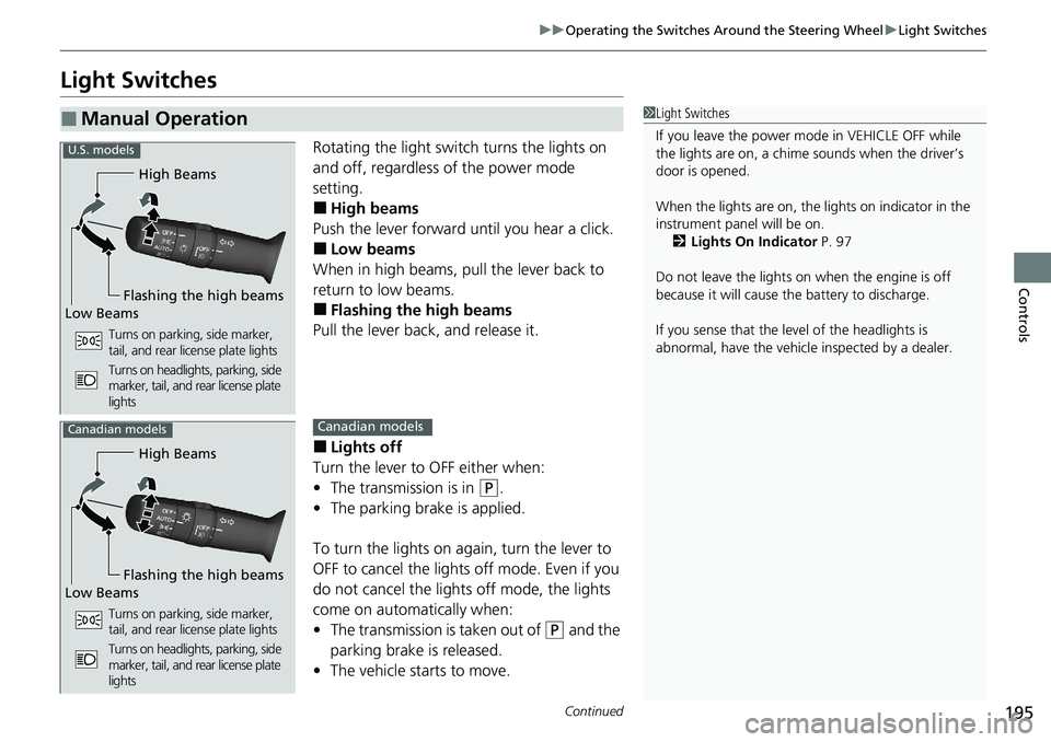 HONDA ACCORD SEDAN 2021  Owners Manual (in English) 195
uuOperating the Switches Around the Steering Wheel uLight Switches
Continued
Controls
Light Switches
Rotating the light switch turns the lights on 
and off, regardless of the power mode 
setting.
