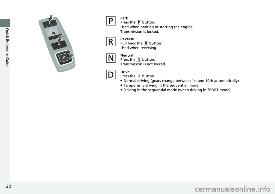 HONDA ACCORD SEDAN 2021 Owners Manual (in English) 22
Quick Reference Guide
Park
Press the (P button.
Used when parking or starting the engine.
Transmission is locked.
Reverse
Pull back the
( R button.
Used when reversing.
Neutral
Press the
( N but HONDA ACCORD SEDAN 2021 Owners Manual (in English) 22
Quick Reference Guide
Park
Press the (P button.
Used when parking or starting the engine.
Transmission is locked.
Reverse
Pull back the
( R button.
Used when reversing.
Neutral
Press the
( N but