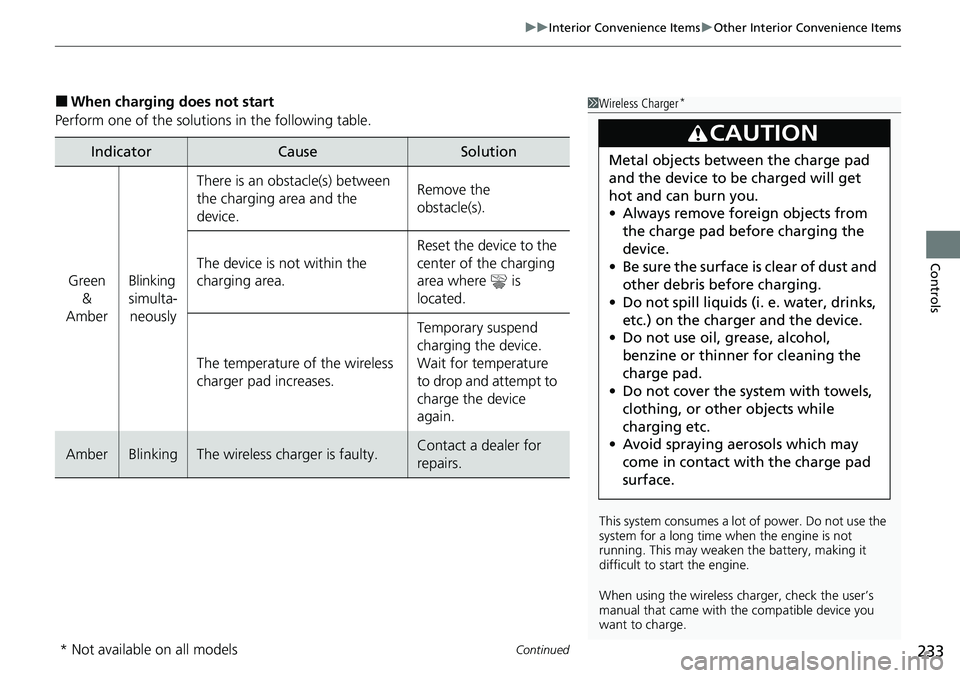 HONDA ACCORD SEDAN 2021 (in English) User Guide Continued233
uuInterior Convenience Items uOther Interior Convenience Items
Controls
■When charging does not start
Perform one of the solutions in the following table.
IndicatorCauseSolution
Green HONDA ACCORD SEDAN 2021 (in English) User Guide Continued233
uuInterior Convenience Items uOther Interior Convenience Items
Controls
■When charging does not start
Perform one of the solutions in the following table.
IndicatorCauseSolution
Green
