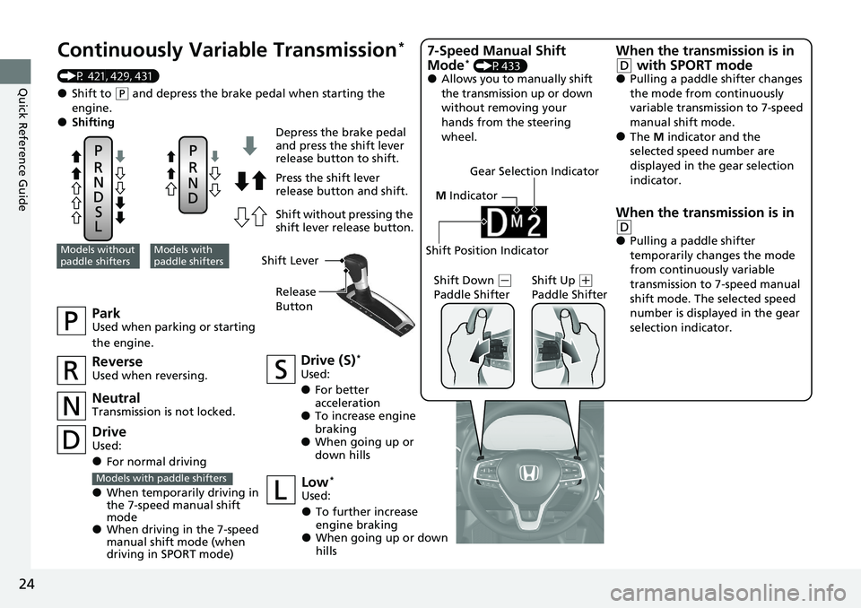 HONDA ACCORD SEDAN 2021 Owners Manual (in English) 24
Quick Reference Guide
M Indicator
Shift Position Indicator
Continuously Vari able Transmission*
(P 421, 429, 431)
●Shift to (P and depress the brake pedal when starting the
engine.
●Shifting
HONDA ACCORD SEDAN 2021 Owners Manual (in English) 24
Quick Reference Guide
M Indicator
Shift Position Indicator
Continuously Vari able Transmission*
(P 421, 429, 431)
●Shift to (P and depress the brake pedal when starting the
engine.
●Shifting