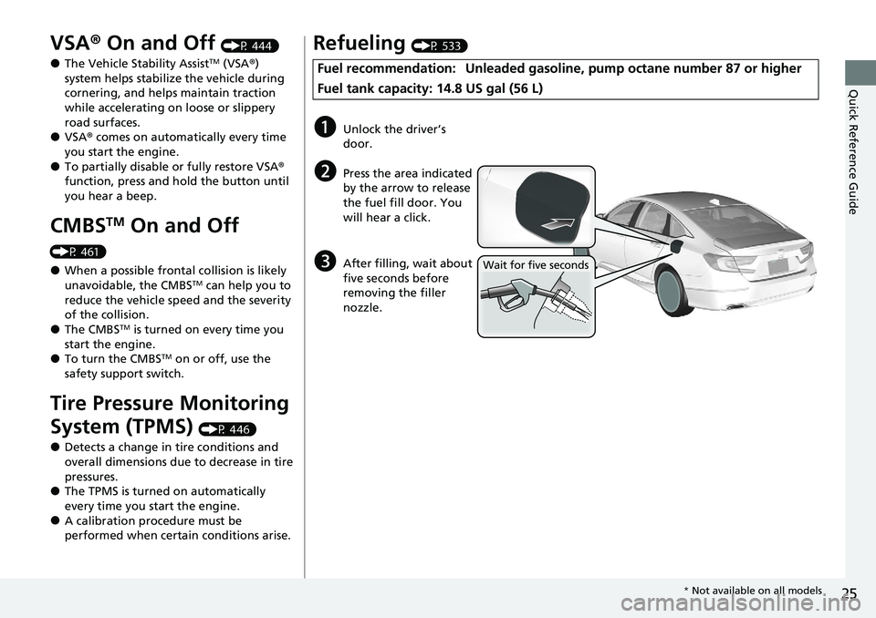 HONDA ACCORD SEDAN 2021 Owners Manual (in English) 25
Quick Reference Guide
VSA® On and Off (P 444)
●The Vehicle Stability AssistTM (VSA ®)
system helps stabilize the vehicle during
cornering, and helps maintain traction
while accelerating on l HONDA ACCORD SEDAN 2021 Owners Manual (in English) 25
Quick Reference Guide
VSA® On and Off (P 444)
●The Vehicle Stability AssistTM (VSA ®)
system helps stabilize the vehicle during
cornering, and helps maintain traction
while accelerating on l