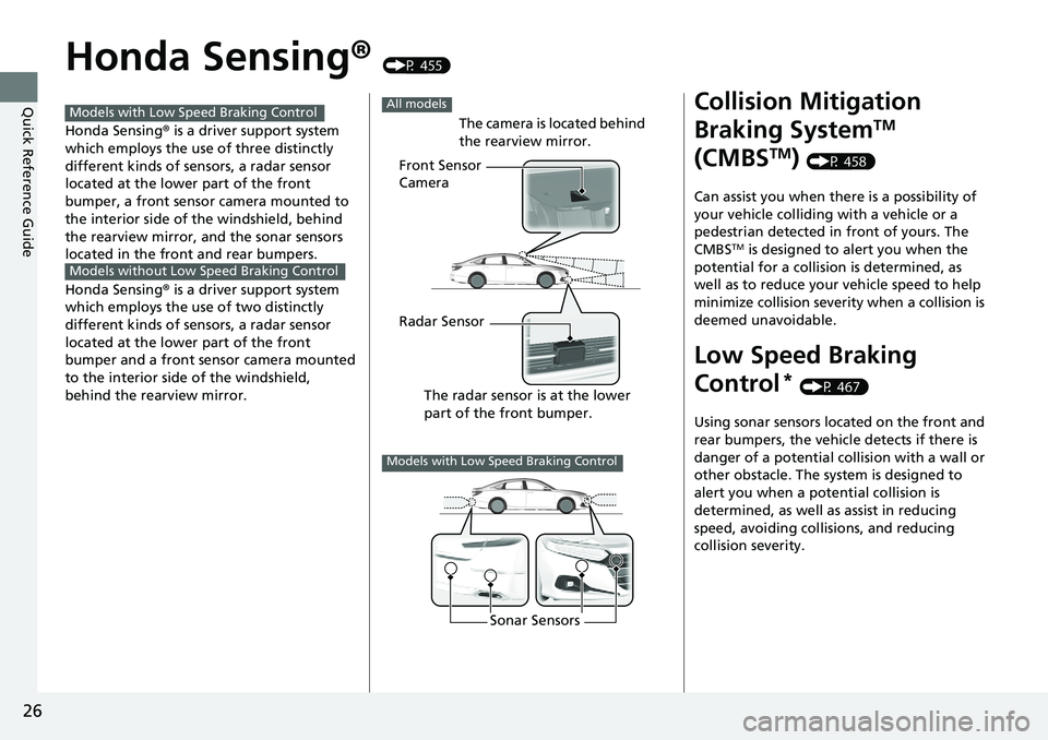 HONDA ACCORD SEDAN 2021 Owners Manual (in English) 26
Quick Reference Guide
Honda Sensing® (P 455)
Honda Sensing ® is a driver support system
which employs the use of three distinctly
different kinds of sensors, a radar sensor
located at the lowe HONDA ACCORD SEDAN 2021 Owners Manual (in English) 26
Quick Reference Guide
Honda Sensing® (P 455)
Honda Sensing ® is a driver support system
which employs the use of three distinctly
different kinds of sensors, a radar sensor
located at the lowe