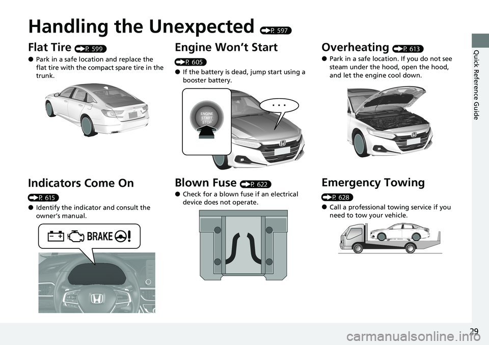 HONDA ACCORD SEDAN 2021 Owners Manual (in English) Quick Reference Guide
29
Handling the Unexpected (P 597)
Flat Tire (P 599)
●Park in a safe location and replace the
flat tire with the compact spare tire in the
trunk.
Indicators Come On
(P 615)
HONDA ACCORD SEDAN 2021 Owners Manual (in English) Quick Reference Guide
29
Handling the Unexpected (P 597)
Flat Tire (P 599)
●Park in a safe location and replace the
flat tire with the compact spare tire in the
trunk.
Indicators Come On
(P 615)