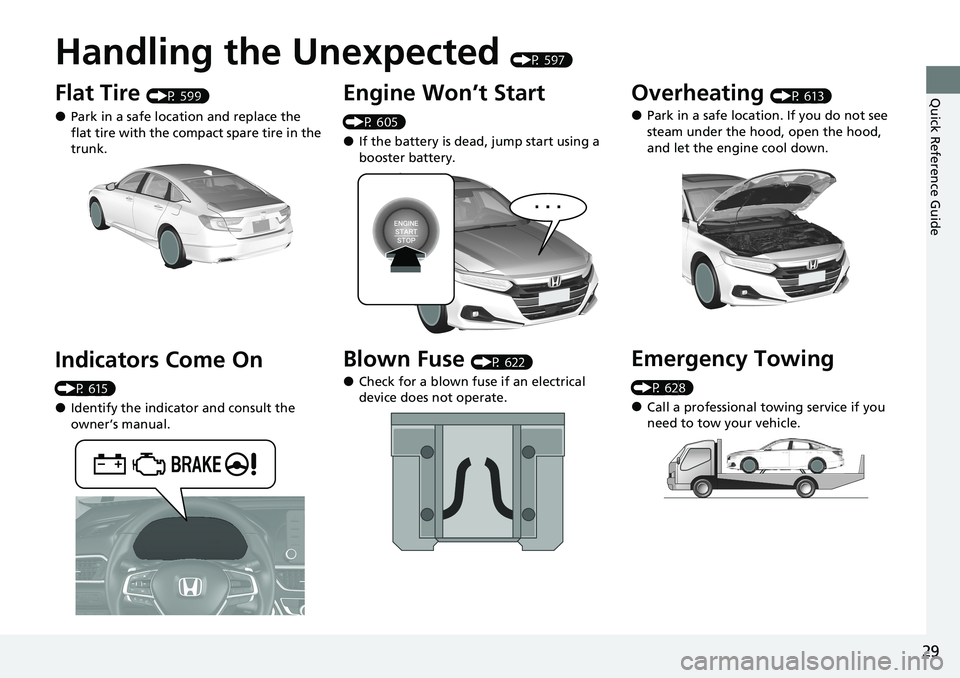 HONDA ACCORD SEDAN 2021  Owners Manual (in English) Quick Reference Guide
29
Handling the Unexpected (P 597)
Flat Tire (P 599)
●Park in a safe location and replace the 
flat tire with the compact spare tire in the 
trunk.
Indicators Come On 
(P 615)
