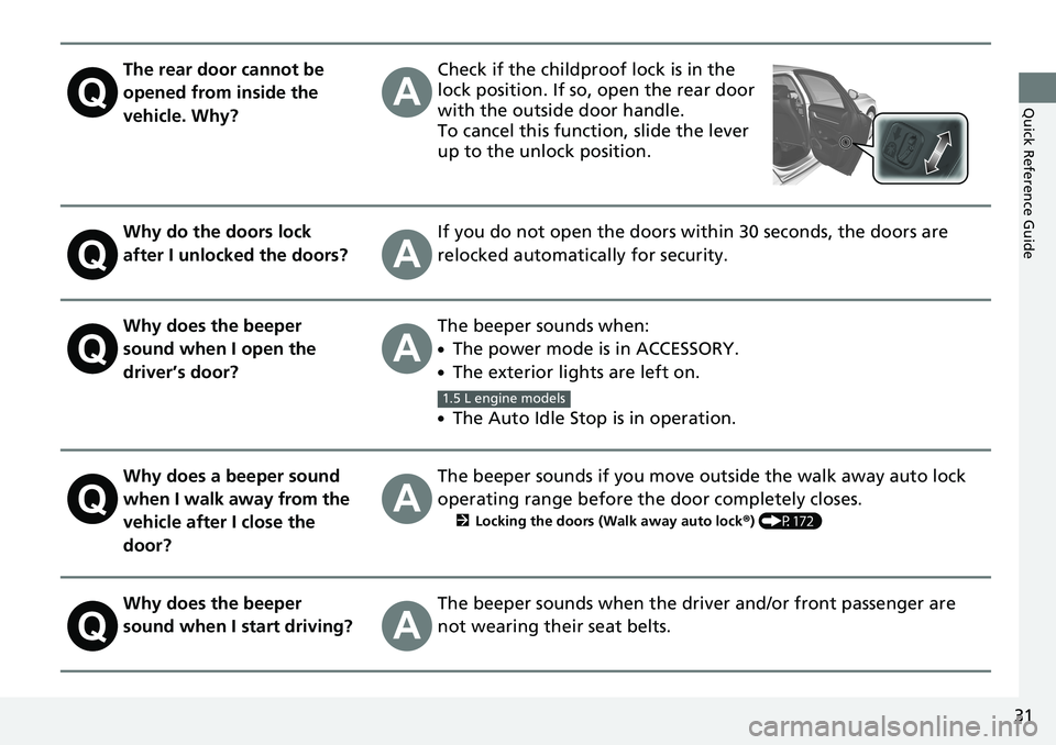 HONDA ACCORD SEDAN 2021 Owners Manual (in English) 31
Quick Reference Guide
The rear door cannot be
opened from inside the
vehicle. Why?Check if the childproof lock is in the
lock position. If so, open the rear door
with the outside door handle.
T HONDA ACCORD SEDAN 2021 Owners Manual (in English) 31
Quick Reference Guide
The rear door cannot be
opened from inside the
vehicle. Why?Check if the childproof lock is in the
lock position. If so, open the rear door
with the outside door handle.
T