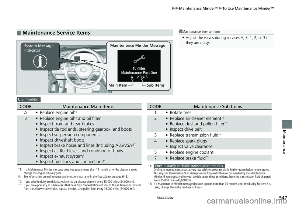 HONDA ACCORD SEDAN 2021  Owners Manual (in English) 547
uuMaintenance MinderTMuTo Use Maintenance MinderTM
Continued
Maintenance
■Maintenance Service Items1Maintenance Service Items
•Adjust the valves during services A, B, 1, 2, or 3 if 
they are n