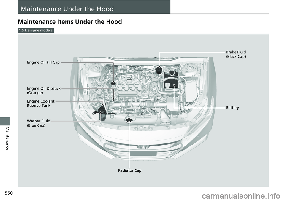 HONDA ACCORD SEDAN 2021  Owners Manual (in English) 550
Maintenance
Maintenance Under the Hood
Maintenance Items Under the Hood
1.5 L engine models
Brake Fluid 
(Black Cap)
Engine Coolant 
Reserve Tank
Radiator Cap
Washer Fluid 
(Blue Cap) Engine Oil D