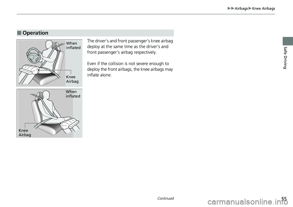 HONDA ACCORD SEDAN 2021 (in English) Workshop Manual 55
uuAirbags uKnee Airbags
Continued
Safe DrivingThe driver’s and front passenger’s knee airbag
deploy at the same time as the driver’s and
front passenger’s airbag respectively.
Even if the HONDA ACCORD SEDAN 2021 (in English) Workshop Manual 55
uuAirbags uKnee Airbags
Continued
Safe DrivingThe driver’s and front passenger’s knee airbag
deploy at the same time as the driver’s and
front passenger’s airbag respectively.
Even if the