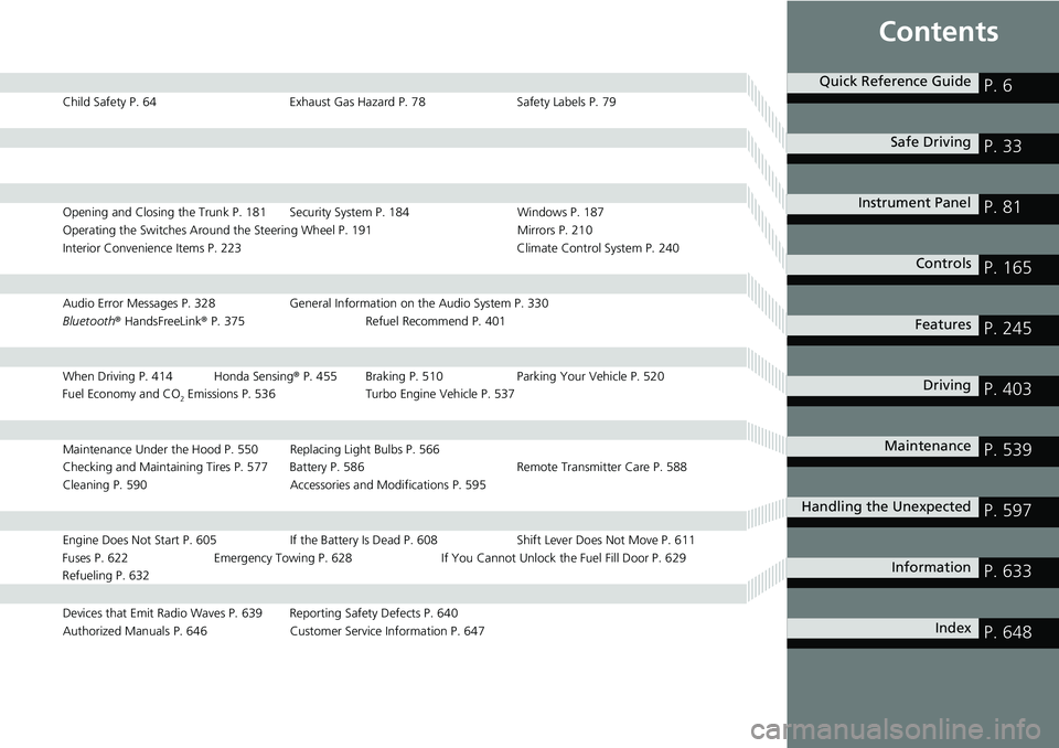 HONDA ACCORD SEDAN 2021 Owners Manual (in English) Contents
Child Safety P. 64Exhaust Gas Hazard P. 78Safety Labels P. 79
Opening and Closing the Trunk P. 181 Security System P. 184 Windows P. 187
Operating the Switches Around the Steering Wheel P. 19 HONDA ACCORD SEDAN 2021 Owners Manual (in English) Contents
Child Safety P. 64Exhaust Gas Hazard P. 78Safety Labels P. 79
Opening and Closing the Trunk P. 181 Security System P. 184 Windows P. 187
Operating the Switches Around the Steering Wheel P. 19