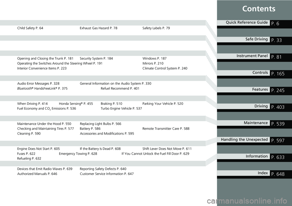 HONDA ACCORD SEDAN 2021  Owners Manual (in English) Contents
Child Safety P. 64Exhaust Gas Hazard P. 78Safety Labels P. 79
Opening and Closing the Trunk P. 181 Security System P. 184 Windows P. 187
Operating the Switches Around the Steering Wheel P. 19