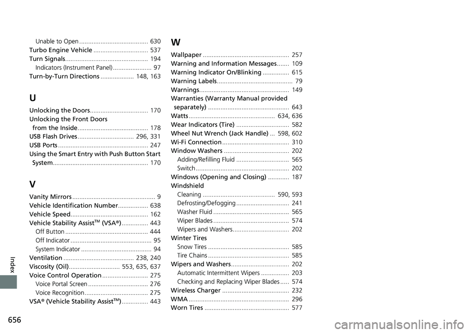 HONDA ACCORD SEDAN 2021  Owners Manual (in English) 656
Index
Unable to Open ....................................... 630
Turbo Engine Vehicle ............................... 537
Turn Signals ...............................................  194
Indicato