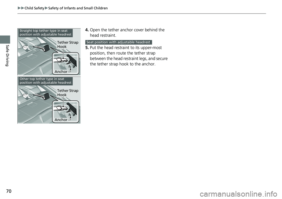 HONDA ACCORD SEDAN 2021 Owners Manual (in English) 70
uuChild Safety uSafety of Infants and Small Children
Safe Driving
4. Open the tether anchor cover behind the
head restraint.
5. Put the head restraint to its upper-most
position, then rout e the HONDA ACCORD SEDAN 2021 Owners Manual (in English) 70
uuChild Safety uSafety of Infants and Small Children
Safe Driving
4. Open the tether anchor cover behind the
head restraint.
5. Put the head restraint to its upper-most
position, then rout e the