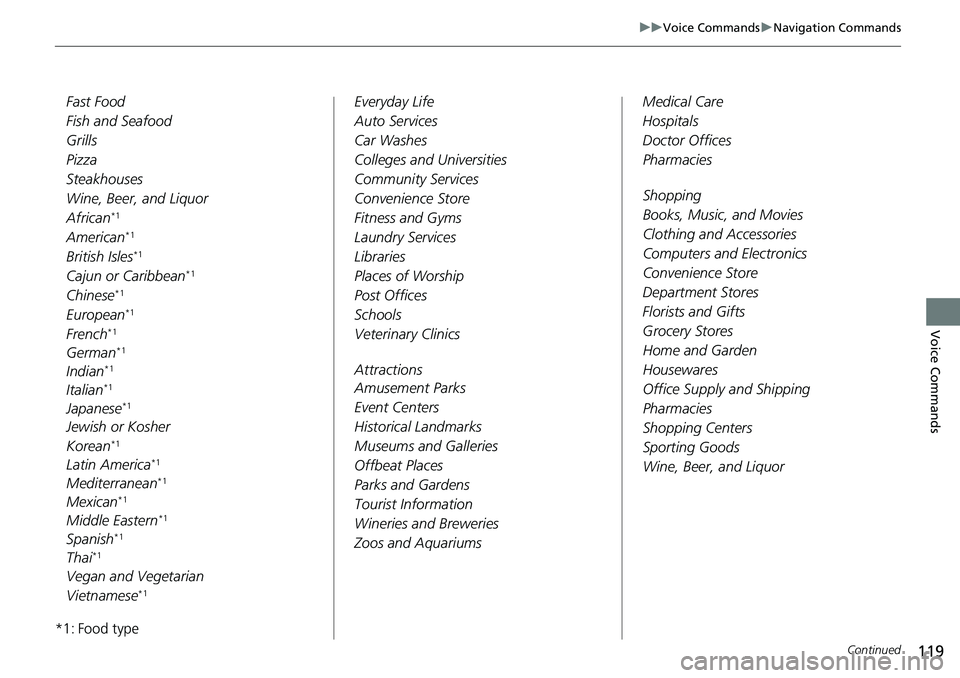 HONDA ACCORD SEDAN 2021  Navigation Manual (in English) 119
uu Voice Commands  u Navigation Commands
Continued
Voice Commands
Fast Food
Fish and Seafood
Grills
Pizza
Steakhouses
Wine, Beer, and Liquor
Afri can
*1
Ameri can*1
British Isles*1
Cajun or Caribb