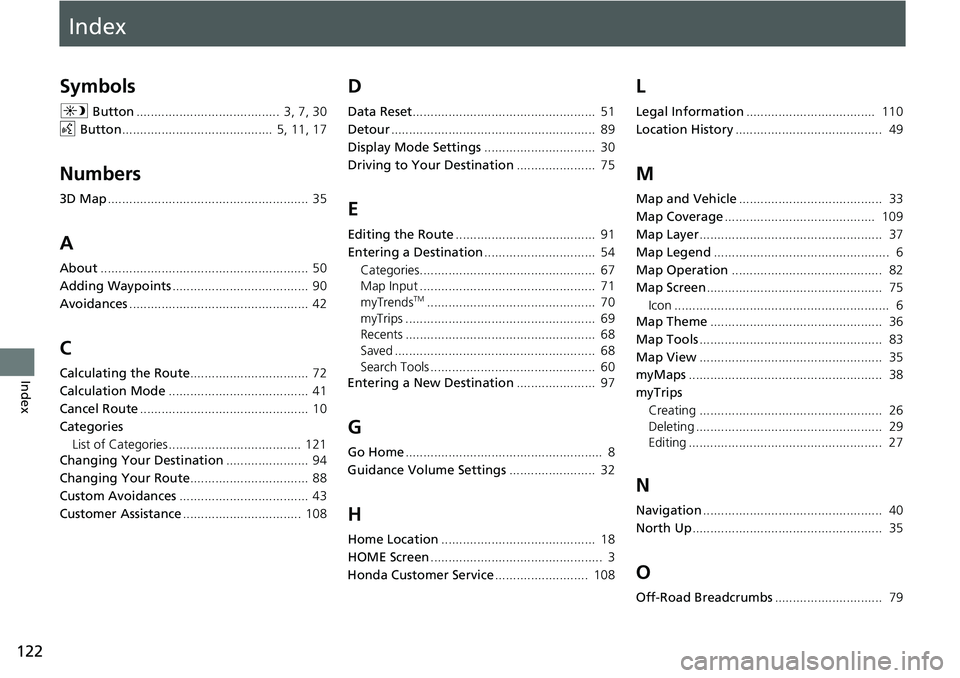 HONDA ACCORD SEDAN 2021 Navigation Manual (in English) Index
122
Index
Index
Symbols
a Button........................................ 3, 7, 30
d Button
.......................................... 5, 11, 17
Numbers
3D Map.................................. HONDA ACCORD SEDAN 2021 Navigation Manual (in English) Index
122
Index
Index
Symbols
a Button........................................ 3, 7, 30
d Button
.......................................... 5, 11, 17
Numbers
3D Map..................................