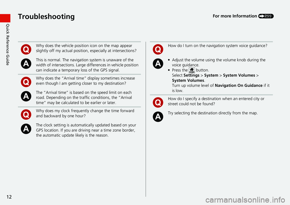 HONDA ACCORD SEDAN 2021  Navigation Manual (in English) 12
Quick Reference GuideTroubleshootingFor more Information (P99)
Why does the vehicle position icon on the map appear 
slightly off my actu al position, especially at intersections?
This is normal. T