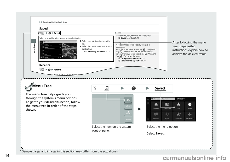 HONDA ACCORD SEDAN 2021 Navigation Manual (in English) 14
uuEnterin g a Destination uSave d
Navigation
Saved
H uu Saved
Select a saved location to use as the destination.
1. Select your destination from the
list.
2. Select Go! to set the route to your HONDA ACCORD SEDAN 2021 Navigation Manual (in English) 14
uuEnterin g a Destination uSave d
Navigation
Saved
H uu Saved
Select a saved location to use as the destination.
1. Select your destination from the
list.
2. Select Go! to set the route to your
