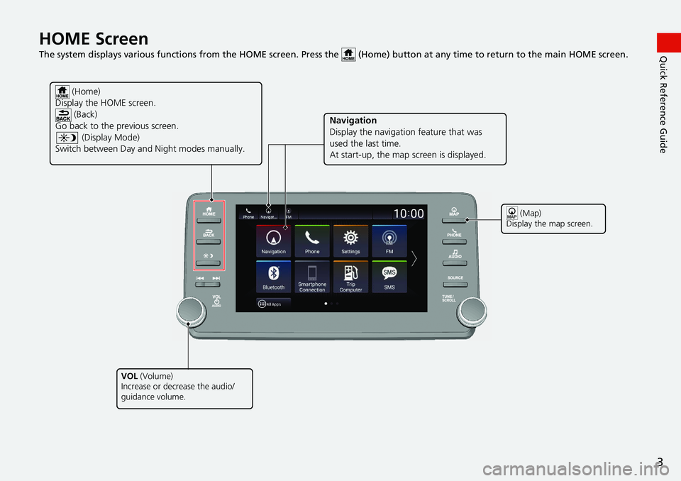 HONDA ACCORD SEDAN 2021  Navigation Manual (in English) 3
Quick Reference GuideHOME Screen   
The system displays various functions from the HOME screen. Press the   (Home) button at any time to return to the main  HOME screen.
 (Home)
Display the HOME scr