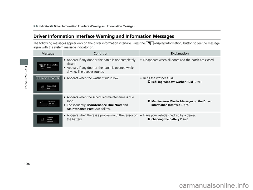 HONDA CIVIC HATCHBACK 2021 Owners Manual (in English) 104
uuIndicators uDriver Information Interface Wa rning and Information Messages
Instrument Panel
Driver Information Interface Warning and Information Messages
The following messages appear only on th HONDA CIVIC HATCHBACK 2021 Owners Manual (in English) 104
uuIndicators uDriver Information Interface Wa rning and Information Messages
Instrument Panel
Driver Information Interface Warning and Information Messages
The following messages appear only on th