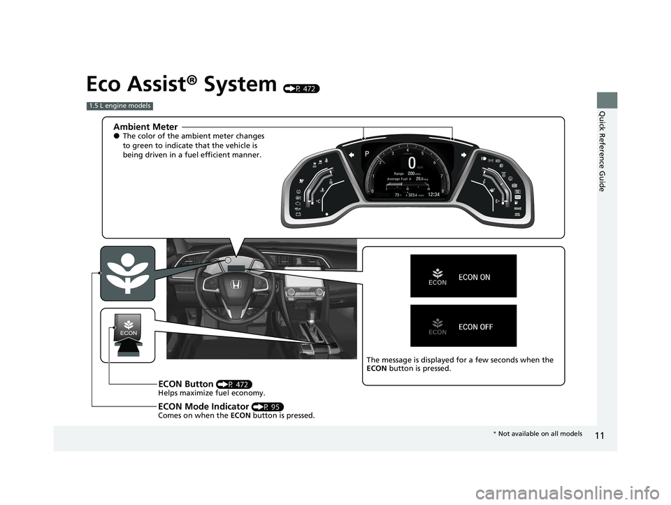 HONDA CIVIC HATCHBACK 2021  Owners Manual (in English) 11
Quick Reference Guide
Eco Assist® System (P 472)
Ambient Meter●The color of the ambient meter changes 
to green to indicate that the vehicle is 
being driven in a fuel efficient manner. 
ECON Bu