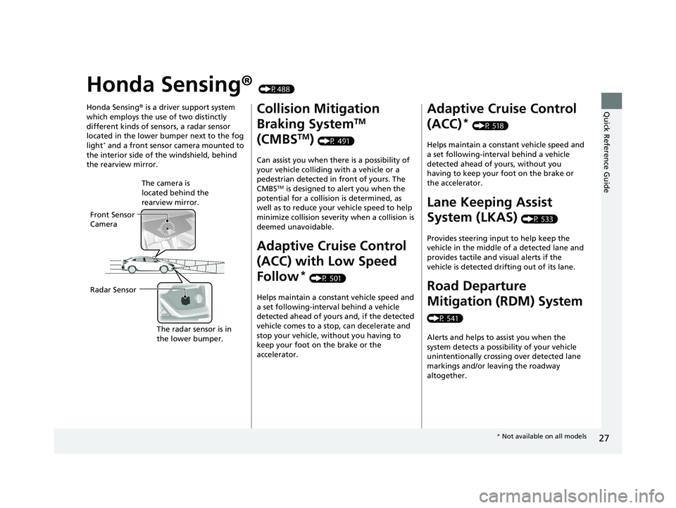 HONDA CIVIC HATCHBACK 2021 Owners Manual (in English) 27
Quick Reference Guide
Honda Sensing® (P488)
Honda Sensing ® is a driver support system
which employs the use of two distinctly
different kinds of sensors, a radar sensor
located in the lower b HONDA CIVIC HATCHBACK 2021 Owners Manual (in English) 27
Quick Reference Guide
Honda Sensing® (P488)
Honda Sensing ® is a driver support system
which employs the use of two distinctly
different kinds of sensors, a radar sensor
located in the lower b