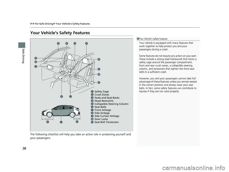 HONDA CIVIC HATCHBACK 2021 (in English) Owners Guide 38
uuFor Safe Driving uYour Vehicle’s Safety Features
Safe Driving
Your Vehicle’s Safety Features
The following checklist will help you take an active role in protecting yourself and
your passen HONDA CIVIC HATCHBACK 2021 (in English) Owners Guide 38
uuFor Safe Driving uYour Vehicle’s Safety Features
Safe Driving
Your Vehicle’s Safety Features
The following checklist will help you take an active role in protecting yourself and
your passen