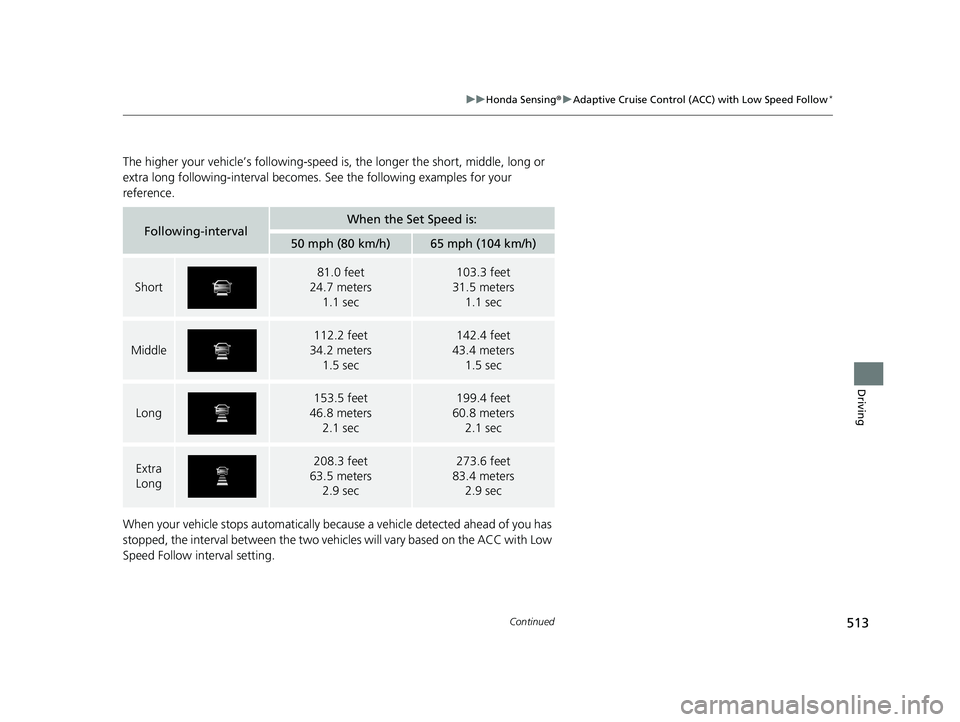HONDA CIVIC HATCHBACK 2021 Owners Manual (in English) 513
uuHonda Sensing ®u Adaptive Cruise Control (ACC) with Low Speed Follow*
Continued
Driving
The higher your vehicle’s following-speed is, the longer the short, middle, long or
extra long followi HONDA CIVIC HATCHBACK 2021 Owners Manual (in English) 513
uuHonda Sensing ®u Adaptive Cruise Control (ACC) with Low Speed Follow*
Continued
Driving
The higher your vehicle’s following-speed is, the longer the short, middle, long or
extra long followi