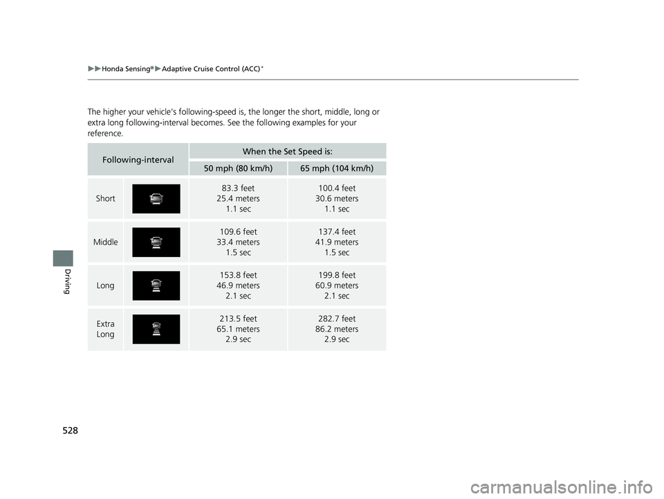 HONDA CIVIC HATCHBACK 2021 Owners Manual (in English) 528
uuHonda Sensing ®u Adaptive Cruise Control (ACC)*
Driving
The higher your vehicle’s following-speed is, the longer the short, middle, long or
extra long following-interval becomes. See the fo HONDA CIVIC HATCHBACK 2021 Owners Manual (in English) 528
uuHonda Sensing ®u Adaptive Cruise Control (ACC)*
Driving
The higher your vehicle’s following-speed is, the longer the short, middle, long or
extra long following-interval becomes. See the fo