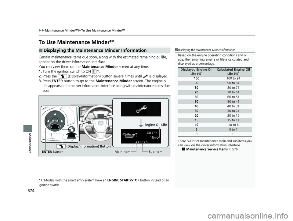 HONDA CIVIC HATCHBACK 2021 (in English) Manual Online 574
uuMaintenance MinderTMuTo Use Maintenance MinderTM
Maintenance
To Use Maintenance MinderTM
Certain maintenance items due soon, along with the estimated remaining oil life,
appear on the driver i HONDA CIVIC HATCHBACK 2021 (in English) Manual Online 574
uuMaintenance MinderTMuTo Use Maintenance MinderTM
Maintenance
To Use Maintenance MinderTM
Certain maintenance items due soon, along with the estimated remaining oil life,
appear on the driver i