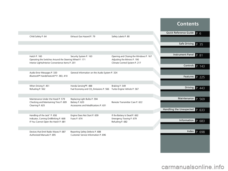 HONDA CIVIC HATCHBACK 2021  Owners Manual (in English) Contents
Child Safety P. 64Exhaust Gas Hazard P. 79Safety Labels P. 80
Hatch P. 160 Security System P. 163 Opening and Closing the Windows P. 167
Operating the Switches Around the Steering Wheel P. 17