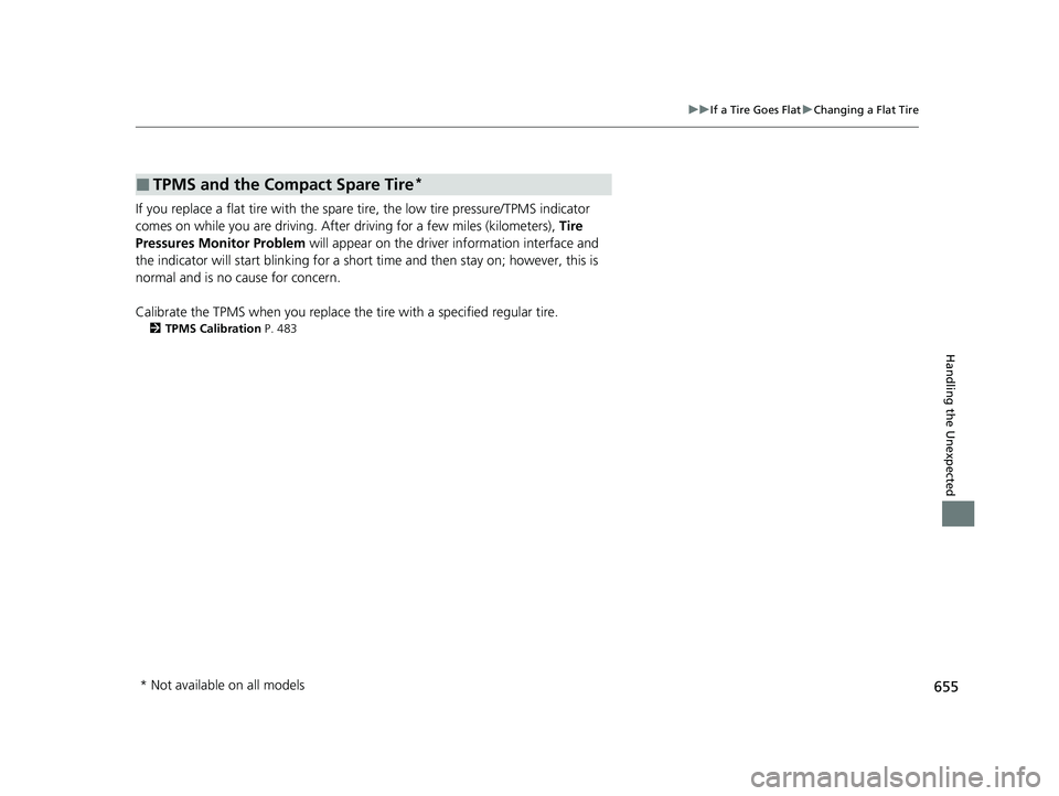 HONDA CIVIC HATCHBACK 2021   (in English) Owners Guide 655
uuIf a Tire Goes Flat uChanging a Flat Tire
Handling the Unexpected
If you replace a flat tire with the spare  tire, the low tire pressure/TPMS indicator 
comes on while you are driving. After  dr