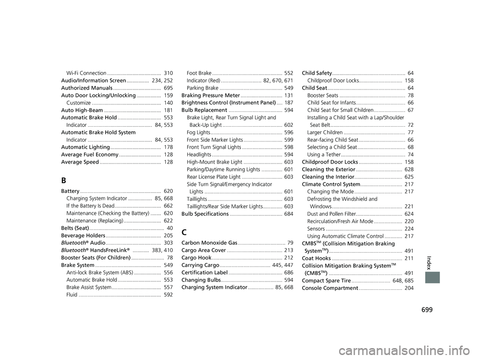 HONDA CIVIC HATCHBACK 2021  Owners Manual (in English) 699
Index
Wi-Fi Connection ....................................  310
Audio/Information Screen ...............  234, 252
Authorized Manuals ................................  695
Auto Door Locking/Unloc