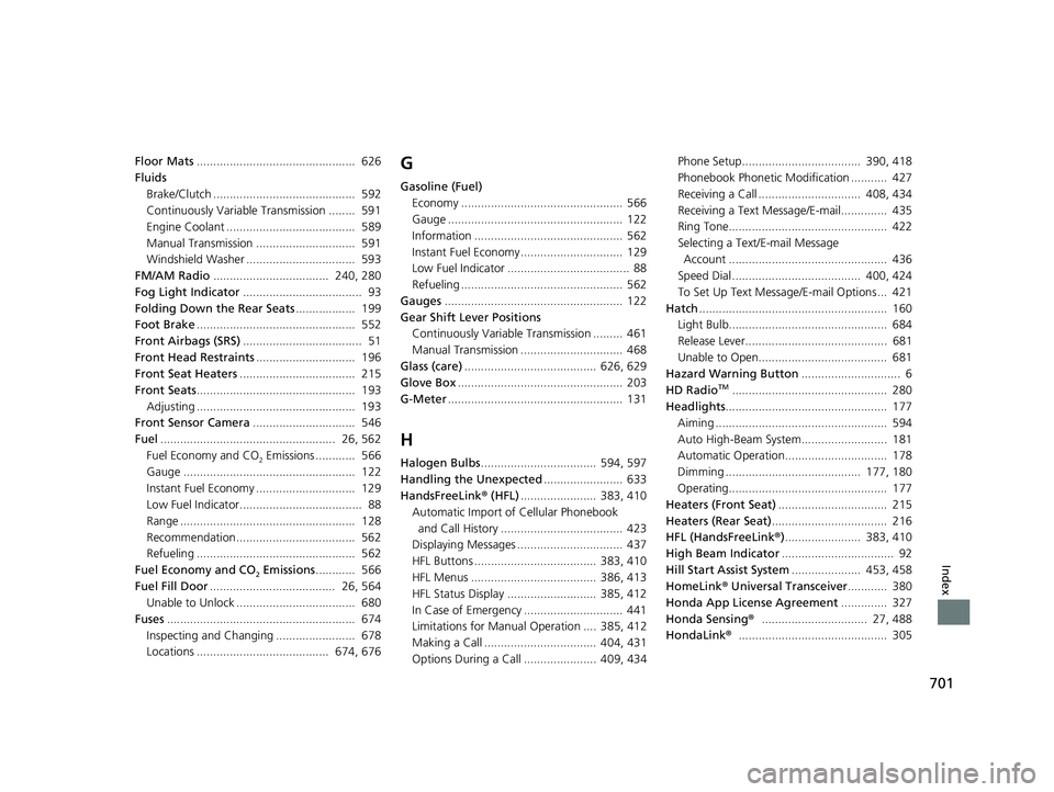 HONDA CIVIC HATCHBACK 2021  Owners Manual (in English) 701
Index
Floor Mats................................................  626
Fluids
Brake/Clutch ...........................................  592
Continuously Variable Transmission ........  591
Engine C