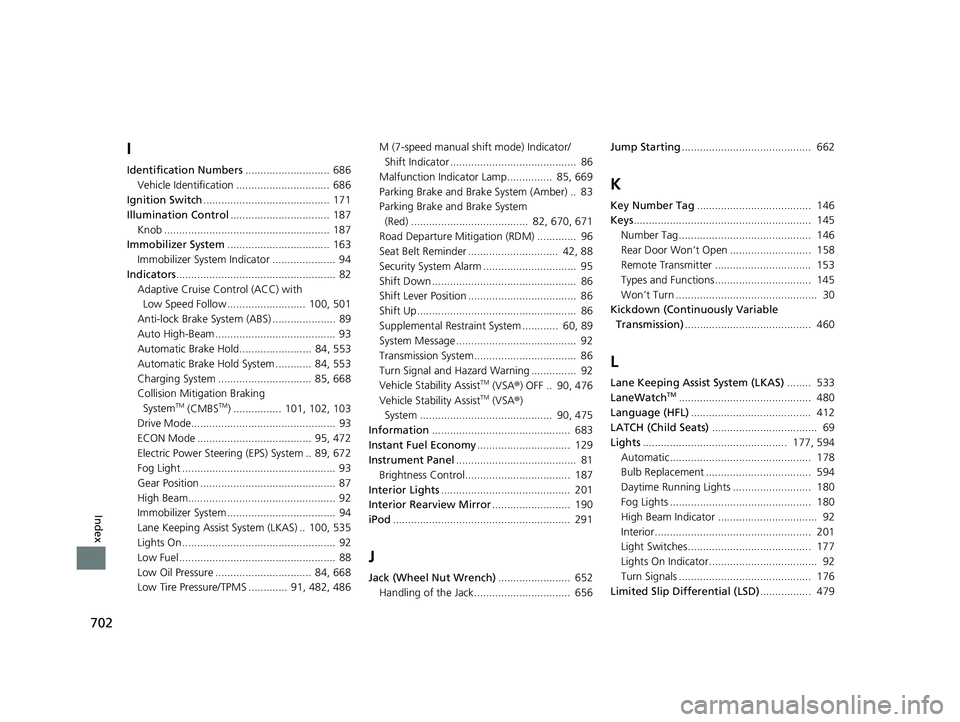 HONDA CIVIC HATCHBACK 2021  Owners Manual (in English) 702
Index
I
Identification Numbers............................ 686
Vehicle Identification ............................... 686
Ignition Switch .......................................... 171
Illuminatio