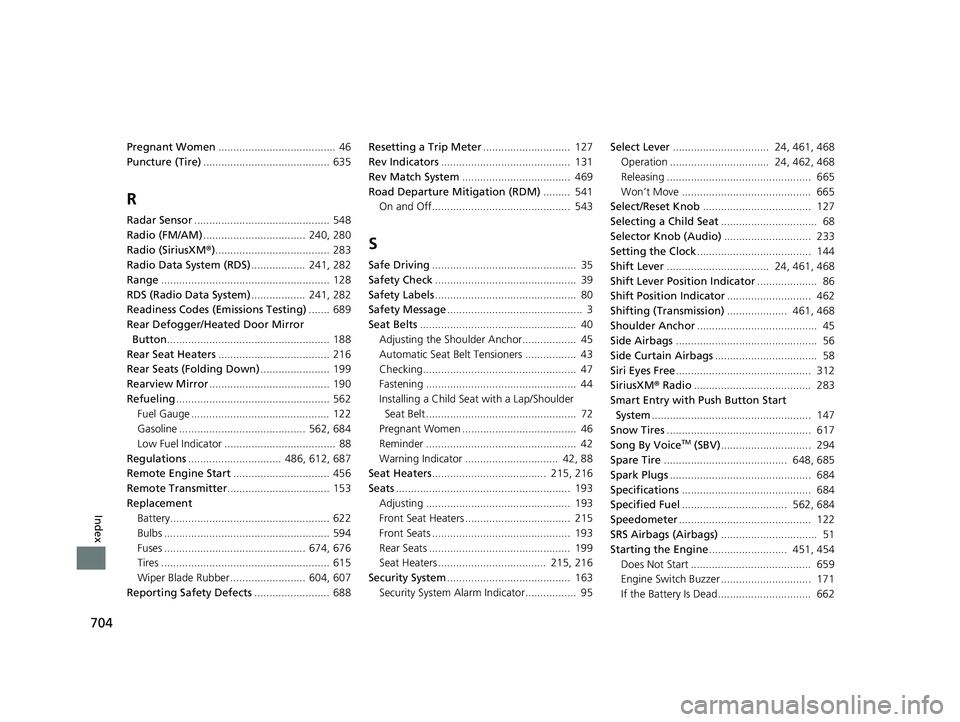 HONDA CIVIC HATCHBACK 2021  Owners Manual (in English) 704
Index
Pregnant Women.......................................  46
Puncture (Tire) .......................................... 635
R
Radar Sensor............................................. 548
Radio