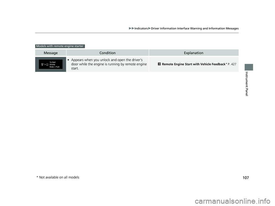 HONDA CIVIC SEDAN 2021 Owners Manual (in English) 107
uuIndicators uDriver Information Interface Wa rning and Information Messages
Instrument Panel
MessageConditionExplanation
•Appears when you unlock and open the driver’s
door while the engine HONDA CIVIC SEDAN 2021 Owners Manual (in English) 107
uuIndicators uDriver Information Interface Wa rning and Information Messages
Instrument Panel
MessageConditionExplanation
•Appears when you unlock and open the driver’s
door while the engine