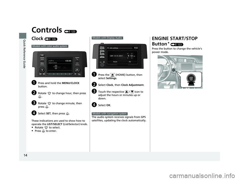 HONDA CIVIC SEDAN 2021  Owners Manual (in English) 14
Quick Reference Guide
Controls (P 125)
Clock (P 126)
aPress and hold the MENU/CLOCK 
button.
bRotate   to change hour, then press  .
cRotate   to change minute, then 
press .
dSelect  SET, then pre