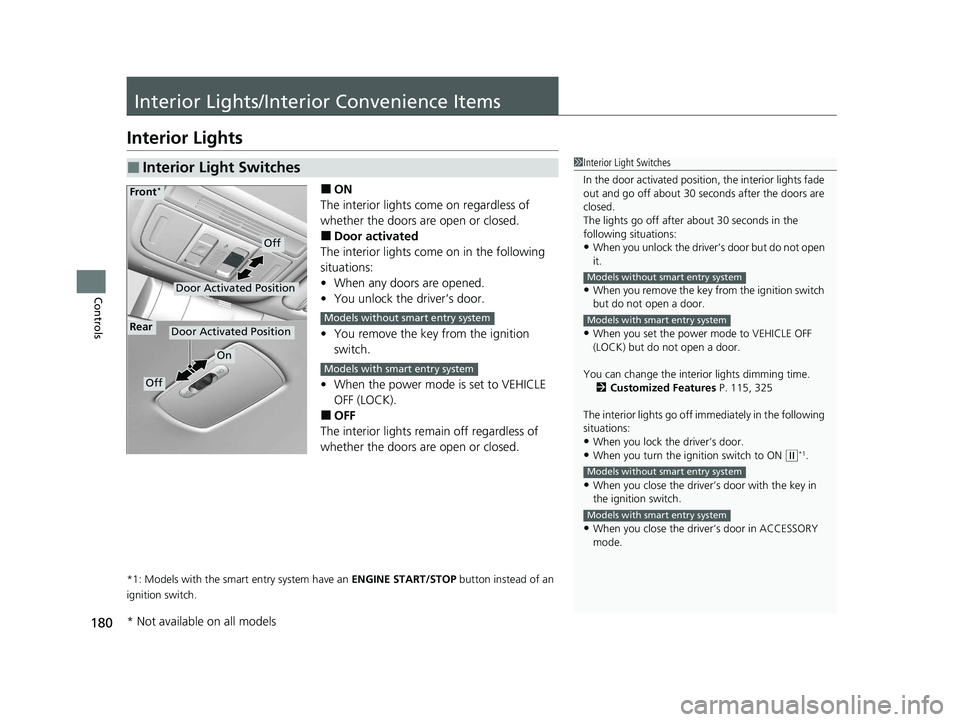 HONDA CIVIC SEDAN 2021 Owners Manual (in English) 180
Controls
Interior Lights/Interior Convenience Items
Interior Lights
■ON
The interior lights come on regardless of
whether the doors are open or closed.
■Door activated
The interior lights com HONDA CIVIC SEDAN 2021 Owners Manual (in English) 180
Controls
Interior Lights/Interior Convenience Items
Interior Lights
■ON
The interior lights come on regardless of
whether the doors are open or closed.
■Door activated
The interior lights com