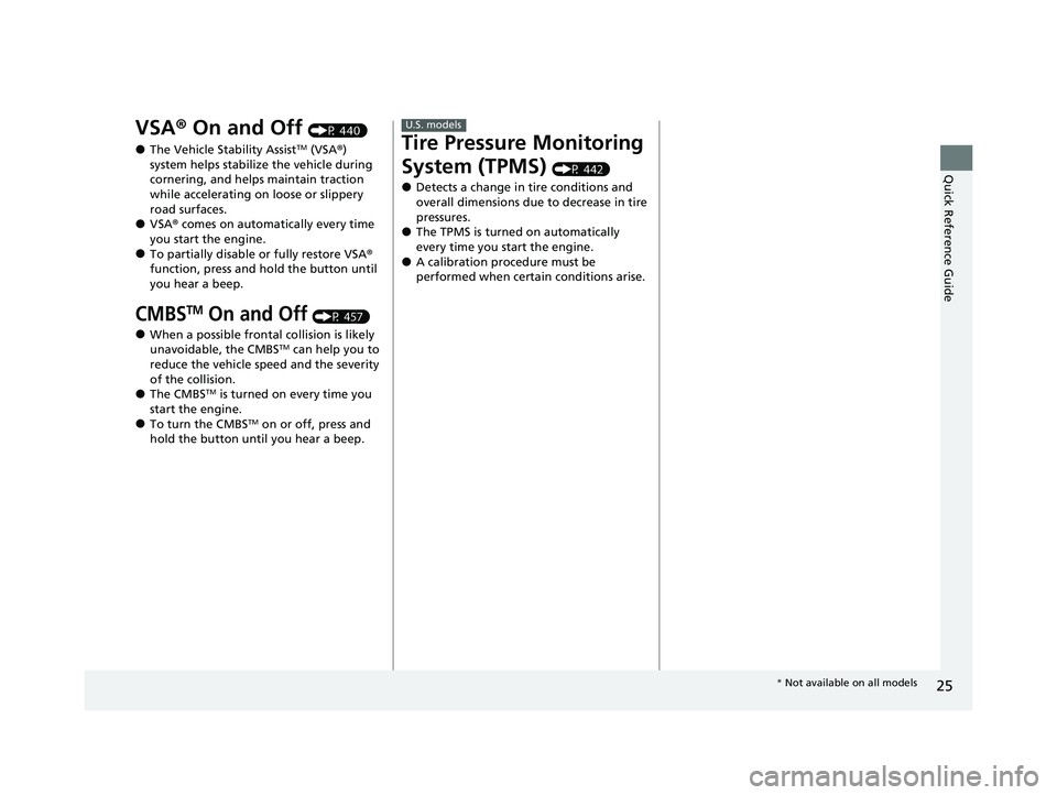 HONDA CIVIC SEDAN 2021 (in English) Owners Guide 25
Quick Reference Guide
VSA® On and Off (P 440)
●The Vehicle Stability AssistTM (VSA ®)
system helps stabilize the vehicle during
cornering, and helps maintain traction
while accelerating on l HONDA CIVIC SEDAN 2021 (in English) Owners Guide 25
Quick Reference Guide
VSA® On and Off (P 440)
●The Vehicle Stability AssistTM (VSA ®)
system helps stabilize the vehicle during
cornering, and helps maintain traction
while accelerating on l