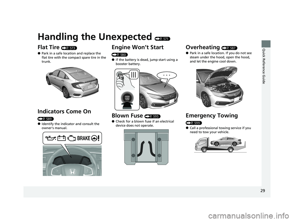 HONDA CIVIC SEDAN 2021  Owners Manual (in English) Quick Reference Guide
29
Handling the Unexpected (P 571)
Flat Tire (P 573)
●Park in a safe location and replace the 
flat tire with the compact spare tire in the 
trunk.
Indicators Come On 
(P 589)
