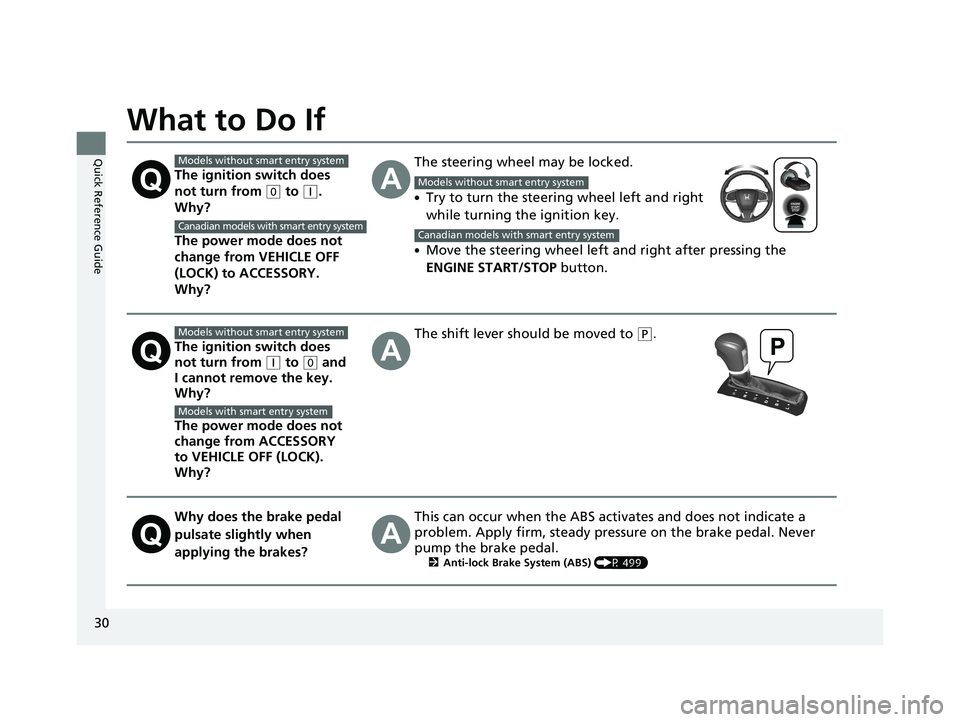 HONDA CIVIC SEDAN 2021 (in English) Owners Guide 30
Quick Reference Guide
What to Do If
The ignition switch does
not turn from
(0 to (q.
Why?
The power mode does not
change from VEHICLE OFF
(LOCK) to ACCESSORY.
Why?
The steering wheel may be l HONDA CIVIC SEDAN 2021 (in English) Owners Guide 30
Quick Reference Guide
What to Do If
The ignition switch does
not turn from
(0 to (q.
Why?
The power mode does not
change from VEHICLE OFF
(LOCK) to ACCESSORY.
Why?
The steering wheel may be l