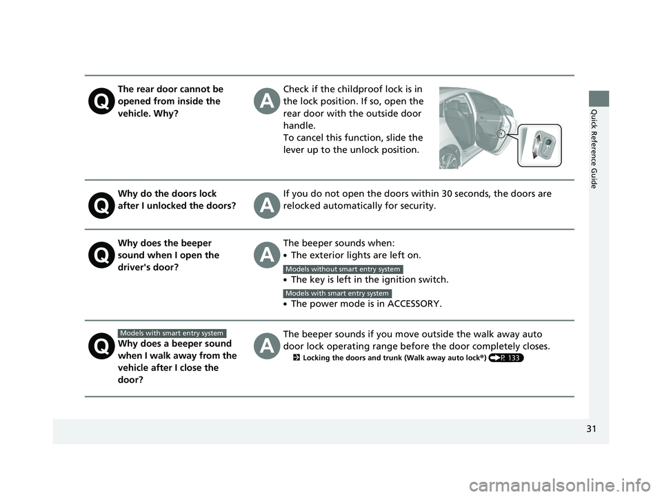 HONDA CIVIC SEDAN 2021 (in English) Owners Guide 31
Quick Reference Guide
The rear door cannot be
opened from inside the
vehicle. Why?Check if the childproof lock is in
the lock position. If so, open the
rear door with the outside door
handle.
HONDA CIVIC SEDAN 2021 (in English) Owners Guide 31
Quick Reference Guide
The rear door cannot be
opened from inside the
vehicle. Why?Check if the childproof lock is in
the lock position. If so, open the
rear door with the outside door
handle.