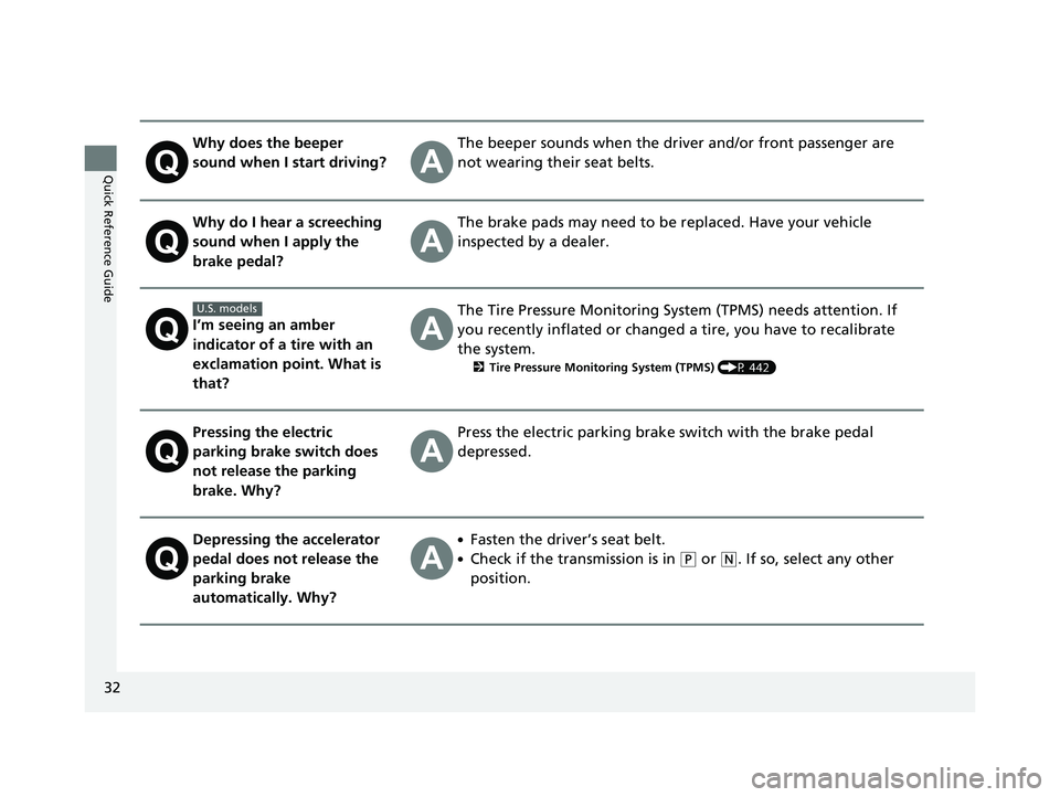 HONDA CIVIC SEDAN 2021  Owners Manual (in English) 32
Quick Reference Guide
Why does the beeper 
sound when I start driving?The beeper sounds when the driver and/or front passenger are 
not wearing their seat belts.
Why do I hear a screeching 
sound w