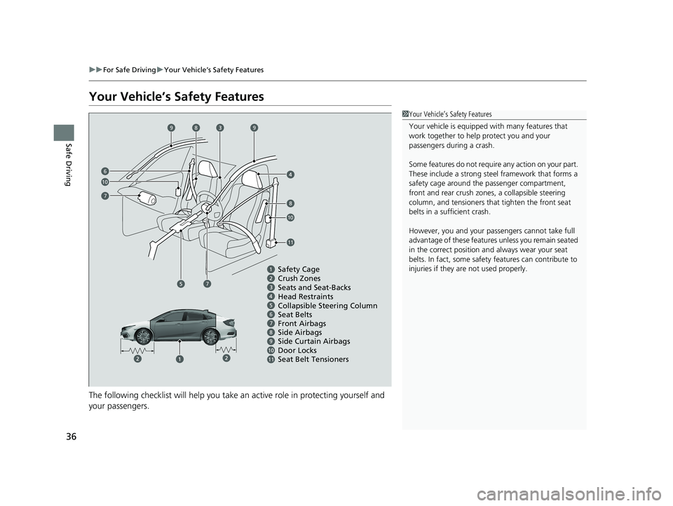 HONDA CIVIC SEDAN 2021  Owners Manual (in English) 36
uuFor Safe Driving uYour Vehicle’s Safety Features
Safe Driving
Your Vehicle’s Safety Features
The following checklist will help you take an active role  in protecting yourself and 
your passen