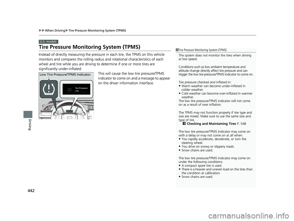 HONDA CIVIC SEDAN 2021  Owners Manual (in English) 442
uuWhen Driving uTire Pressure Monitoring System (TPMS)
Driving
Tire Pressure Monitoring System (TPMS)
Instead of directly measuring the pressu re in each tire, the TPMS on this vehicle 
monitors a