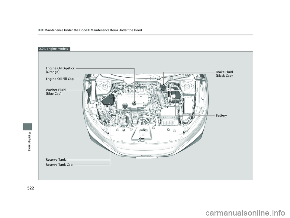 HONDA CIVIC SEDAN 2021 Owners Manual (in English) 522
uuMaintenance Under the Hood uMaintenance Items Under the Hood
Maintenance
2.0 L engine models
Brake Fluid
(Black Cap)
Reserve Tank Washer Fluid
(Blue Cap) Engine Oil Dipstick
(Orange)
Engine O HONDA CIVIC SEDAN 2021 Owners Manual (in English) 522
uuMaintenance Under the Hood uMaintenance Items Under the Hood
Maintenance
2.0 L engine models
Brake Fluid
(Black Cap)
Reserve Tank Washer Fluid
(Blue Cap) Engine Oil Dipstick
(Orange)
Engine O